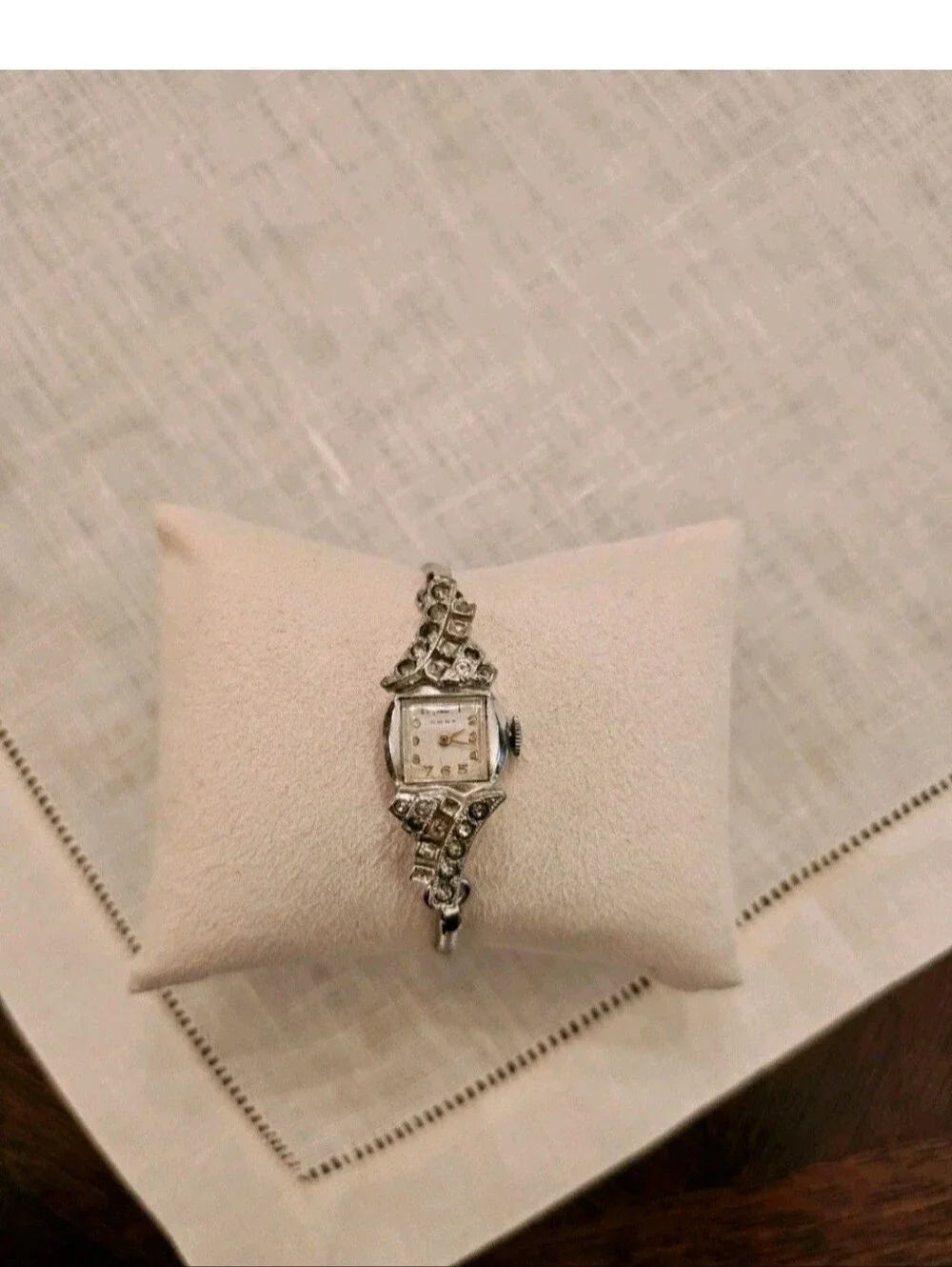 Vintage 40s Cort Art Deco Watch Rhinestone Silver Metal Band Mechanical Mvt Runs